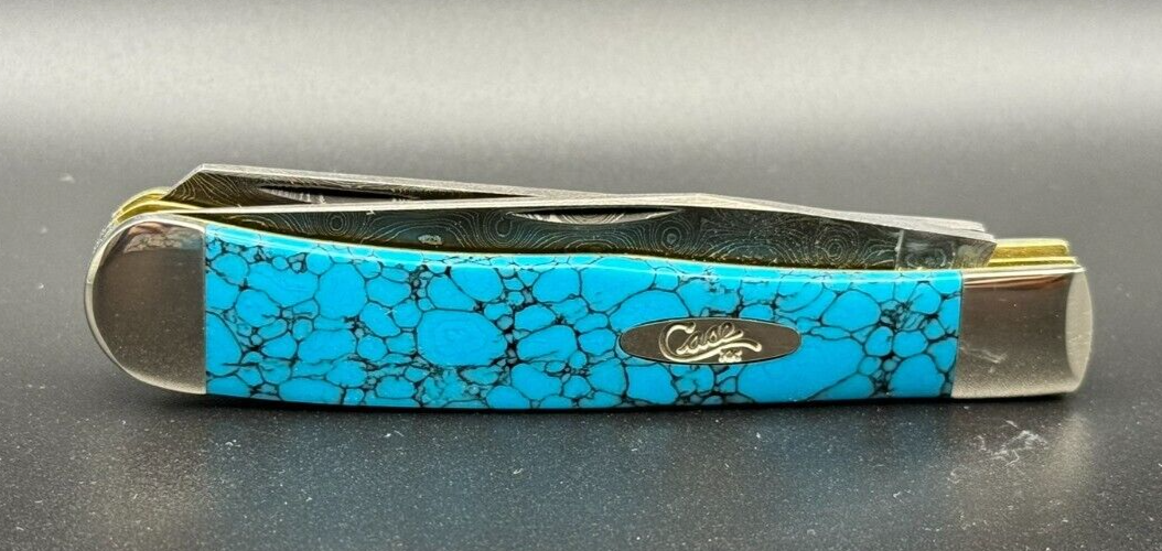 2018 CASE XX RAINDROP DAMASCSUS TRAPPER KNIFE W/ BLUE TURQUOISE SFO