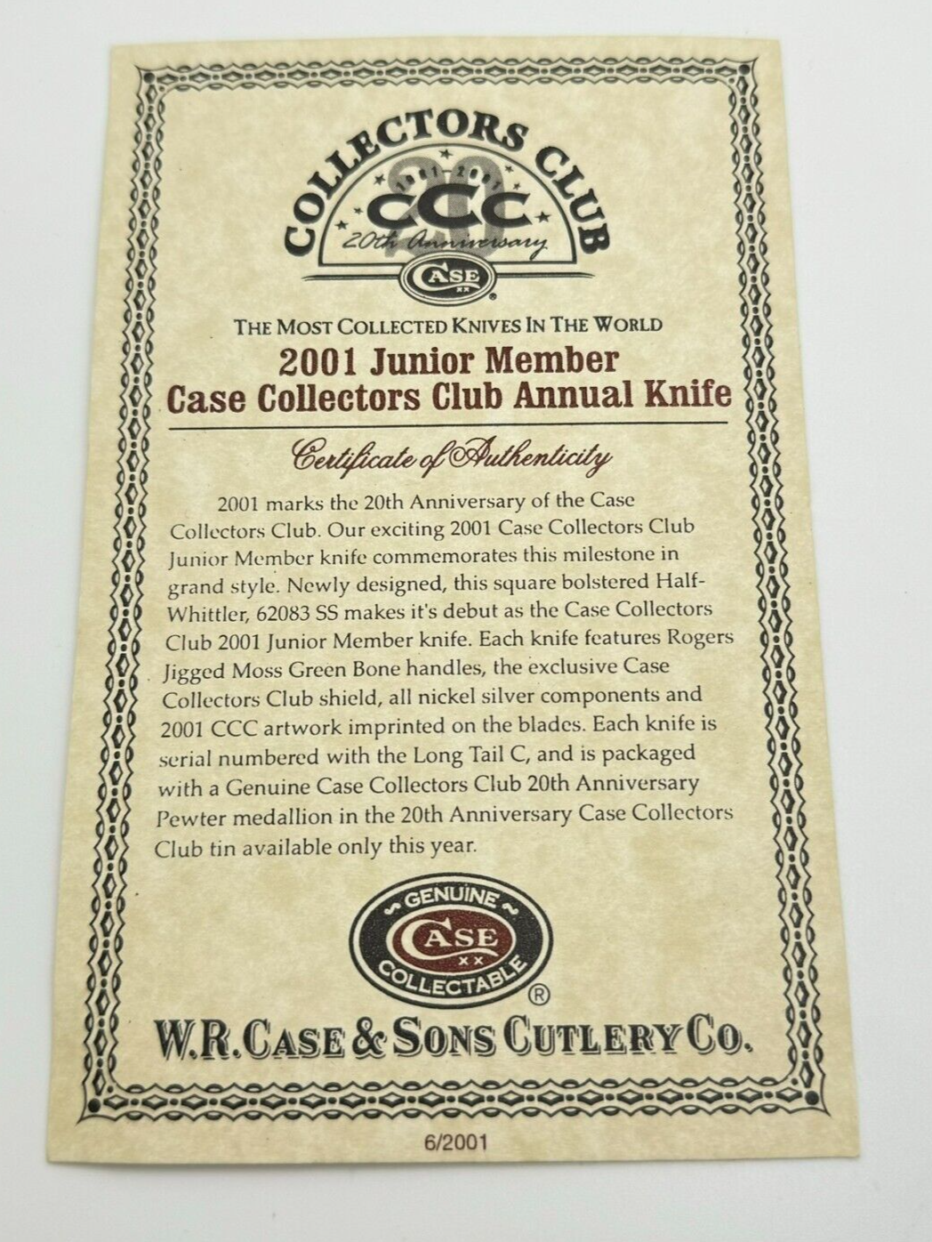 2001 CASE XX COLLECTORS CLUB HALF WHITTER 20TH ANNIV. MOSS GREEN 62083 SN#565