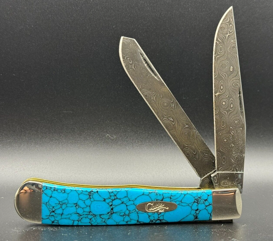 2018 CASE XX RAINDROP DAMASCSUS TRAPPER KNIFE W/ BLUE TURQUOISE SFO