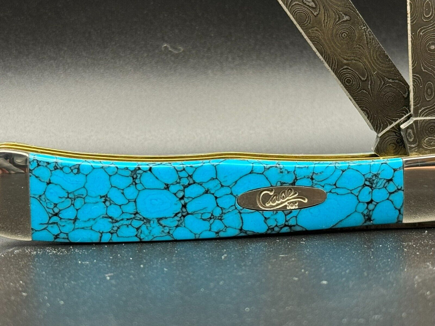 2018 CASE XX RAINDROP DAMASCSUS TRAPPER KNIFE W/ BLUE TURQUOISE SFO