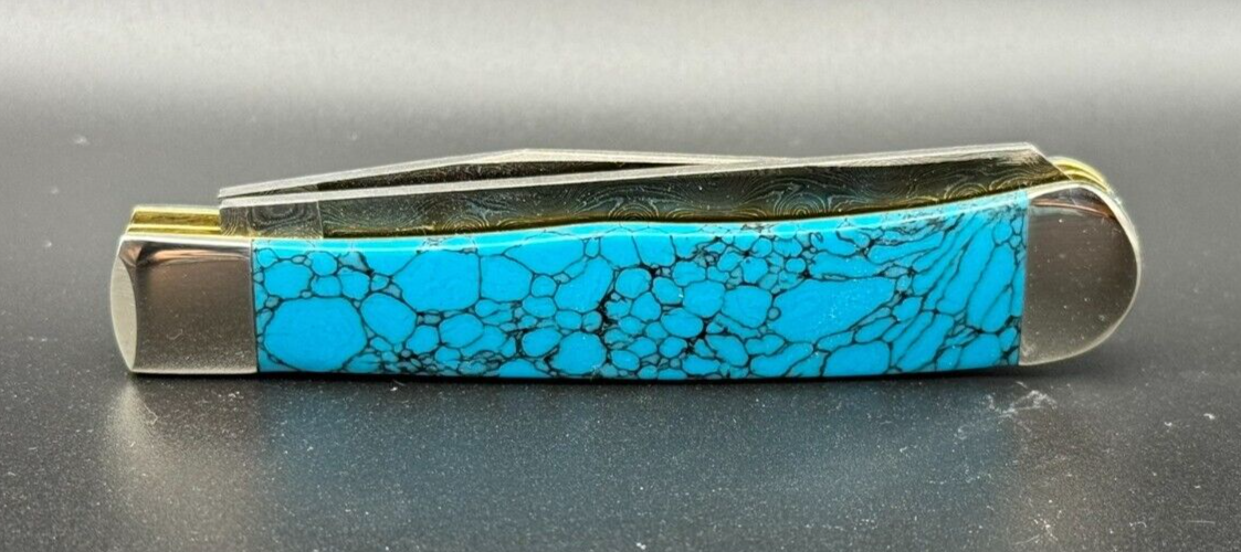 2018 CASE XX RAINDROP DAMASCSUS TRAPPER KNIFE W/ BLUE TURQUOISE SFO